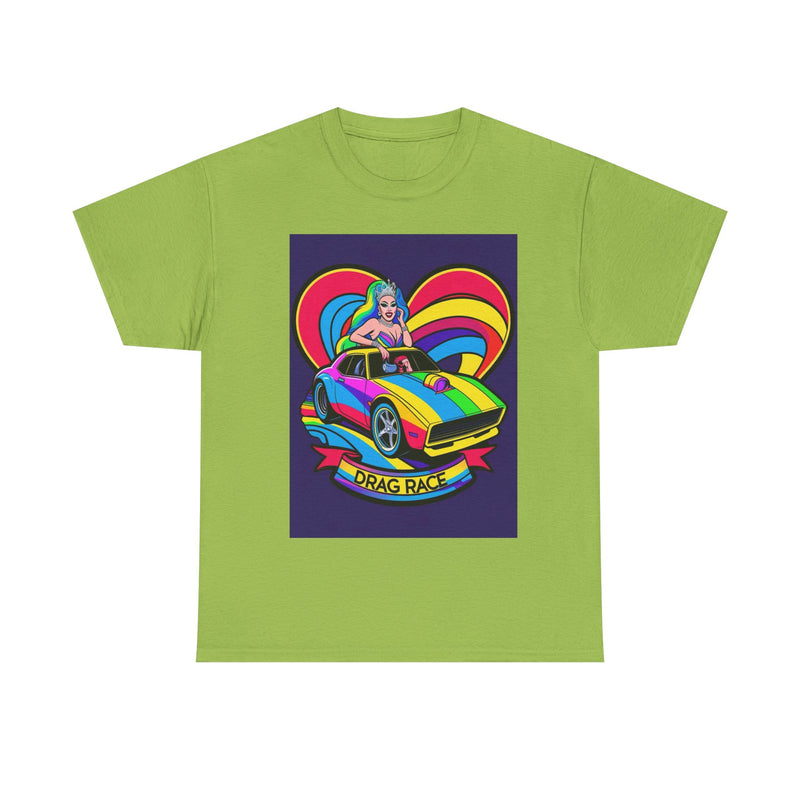 Unisex Heavy Cotton Tee - Retro Drag Race Graphic Tee, Fun Summer Shirt, LGBTQ+ Pride Apparel, Car Enthusiast Gift
