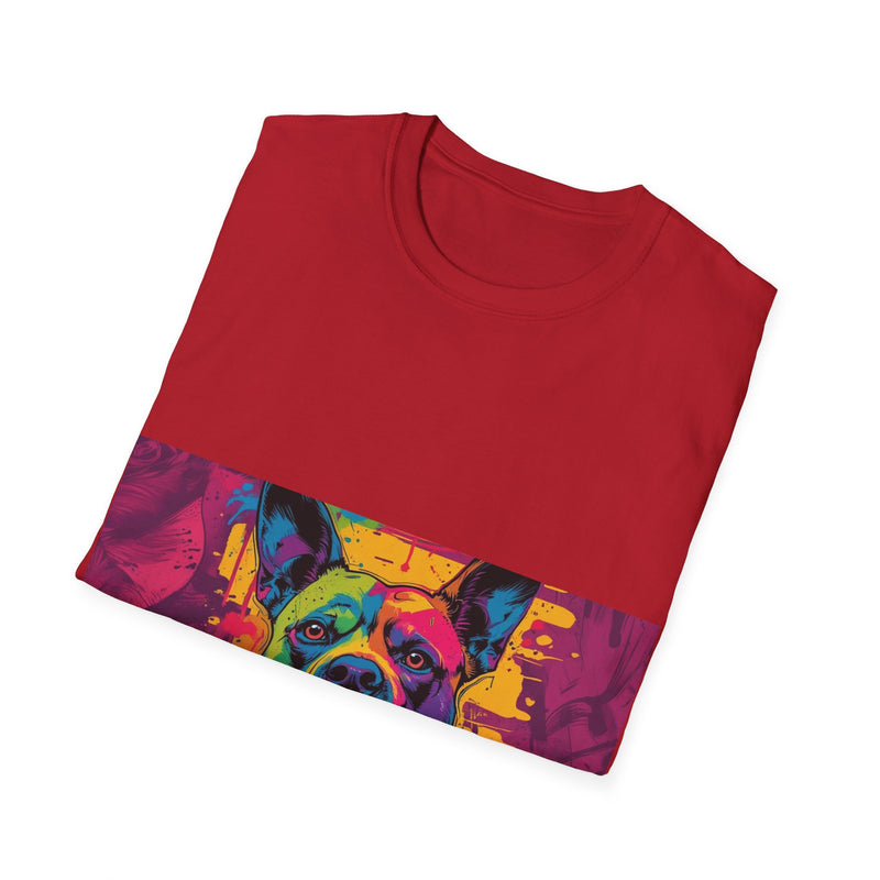 Colorful Dog Art Unisex Softstyle T-Shirt, Pet Lover Gift, Casual Wear, Unique Animal Tee, Vibrant Graphic T-Shirt