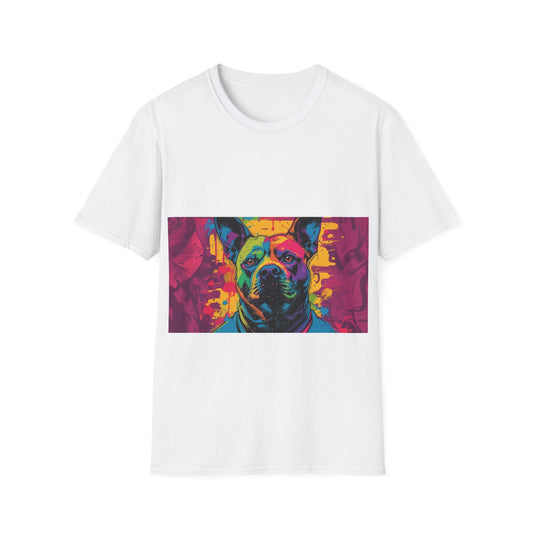Colorful Dog Art Unisex Softstyle T-Shirt, Pet Lover Gift, Casual Wear, Unique Animal Tee, Vibrant Graphic T-Shirt