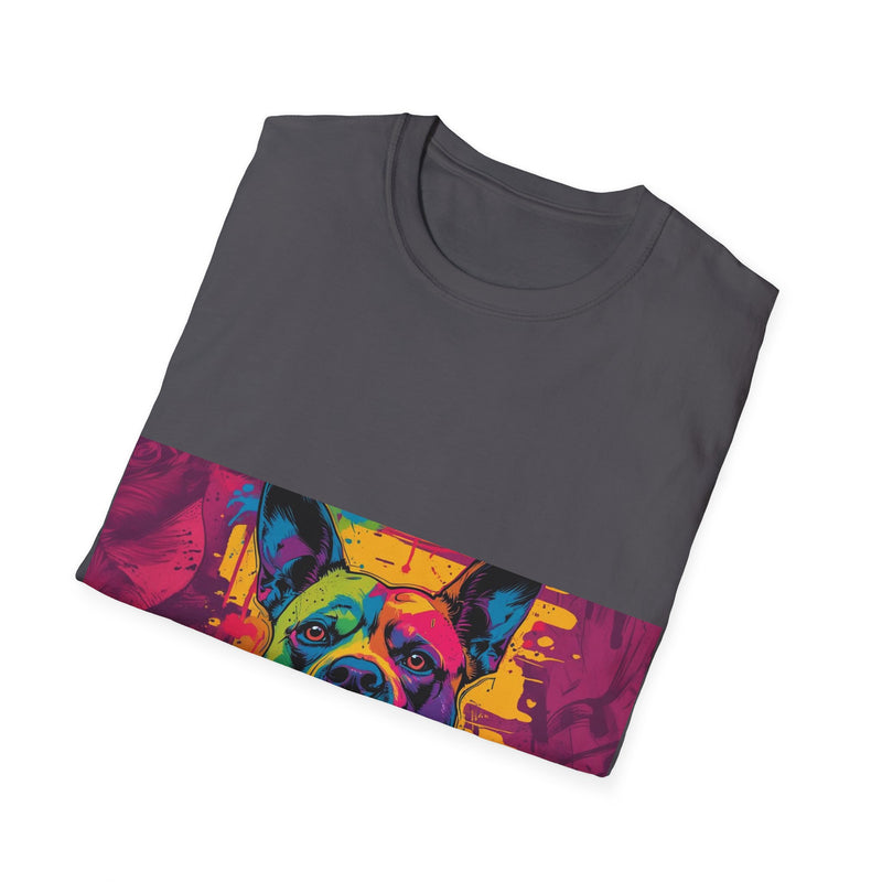 Colorful Dog Art Unisex Softstyle T-Shirt, Pet Lover Gift, Casual Wear, Unique Animal Tee, Vibrant Graphic T-Shirt