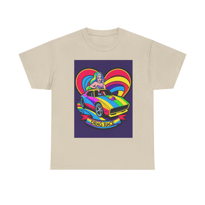 Unisex Heavy Cotton Tee - Retro Drag Race Graphic Tee, Fun Summer Shirt, LGBTQ+ Pride Apparel, Car Enthusiast Gift