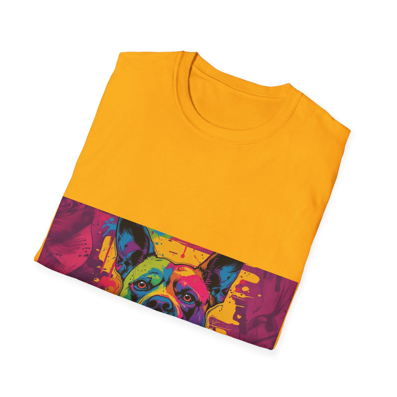 Colorful Dog Art Unisex Softstyle T-Shirt, Pet Lover Gift, Casual Wear, Unique Animal Tee, Vibrant Graphic T-Shirt