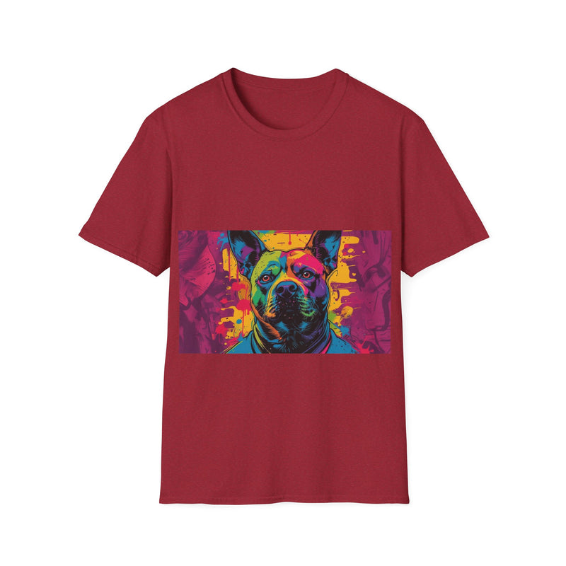 Colorful Dog Art Unisex Softstyle T-Shirt, Pet Lover Gift, Casual Wear, Unique Animal Tee, Vibrant Graphic T-Shirt