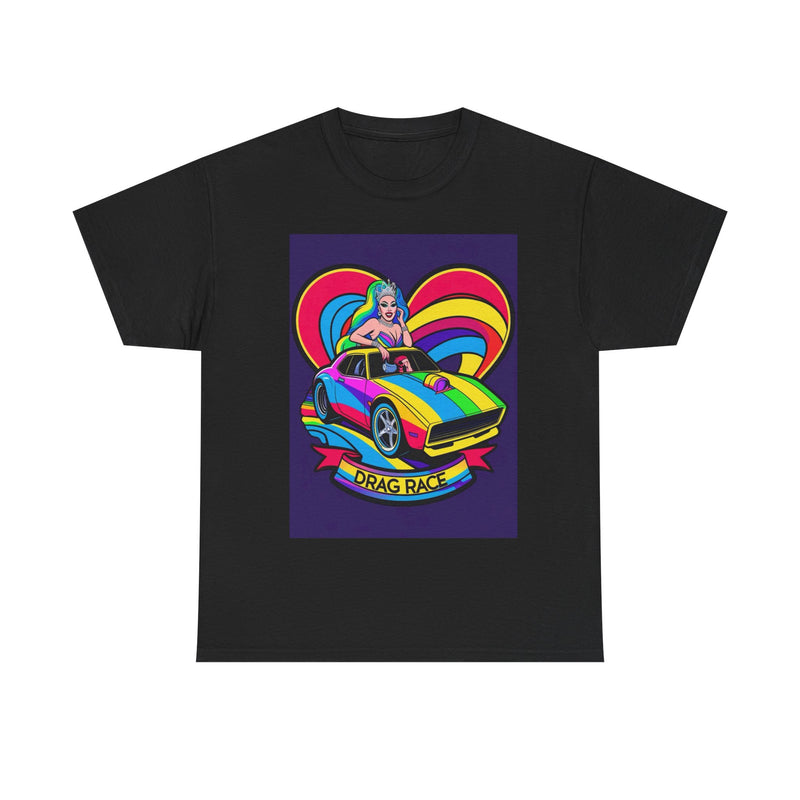 Unisex Heavy Cotton Tee - Retro Drag Race Graphic Tee, Fun Summer Shirt, LGBTQ+ Pride Apparel, Car Enthusiast Gift