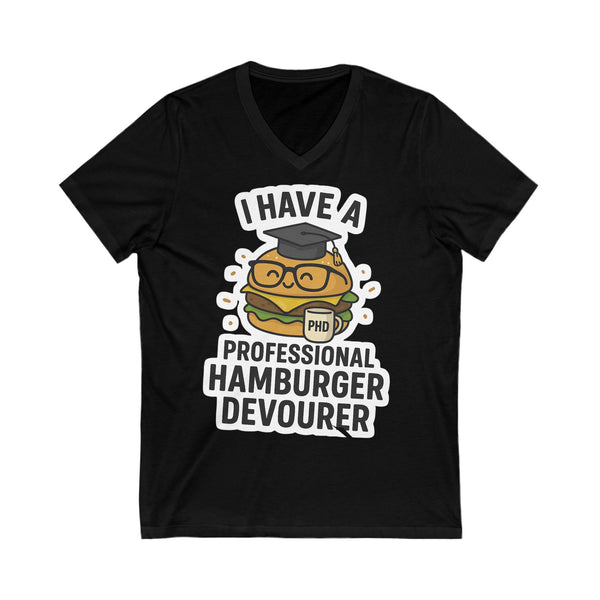 Funny Hamburger Devourer V-Neck Tee, Foodie Gift, Graduation Humor Shirt, Unisex Casual Wear, Burger Lover Apparel