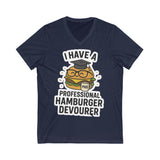 Funny Hamburger Devourer V-Neck Tee, Foodie Gift, Graduation Humor Shirt, Unisex Casual Wear, Burger Lover Apparel