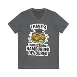 Funny Hamburger Devourer V-Neck Tee, Foodie Gift, Graduation Humor Shirt, Unisex Casual Wear, Burger Lover Apparel