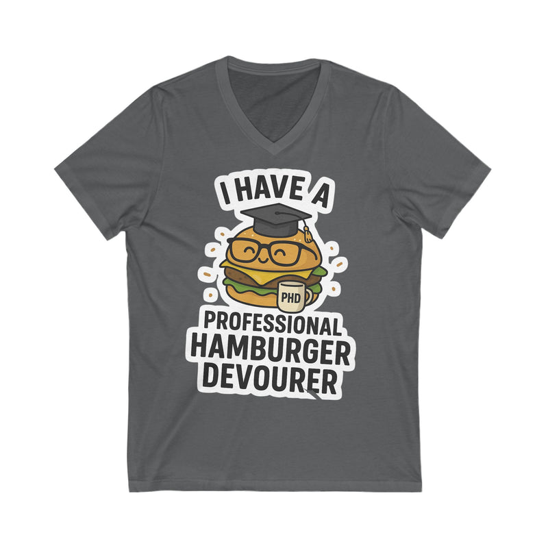 Funny Hamburger Devourer V-Neck Tee, Foodie Gift, Graduation Humor Shirt, Unisex Casual Wear, Burger Lover Apparel