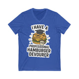 Funny Hamburger Devourer V-Neck Tee, Foodie Gift, Graduation Humor Shirt, Unisex Casual Wear, Burger Lover Apparel