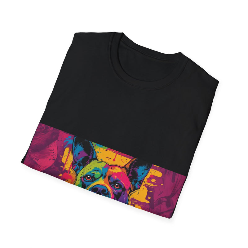 Colorful Dog Art Unisex Softstyle T-Shirt, Pet Lover Gift, Casual Wear, Unique Animal Tee, Vibrant Graphic T-Shirt
