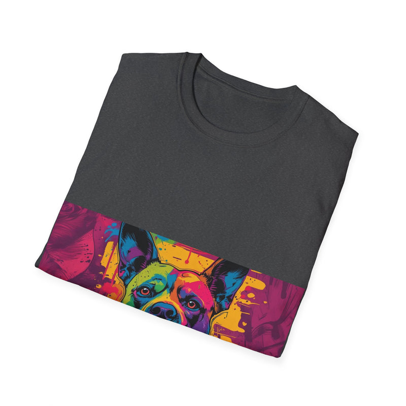 Colorful Dog Art Unisex Softstyle T-Shirt, Pet Lover Gift, Casual Wear, Unique Animal Tee, Vibrant Graphic T-Shirt