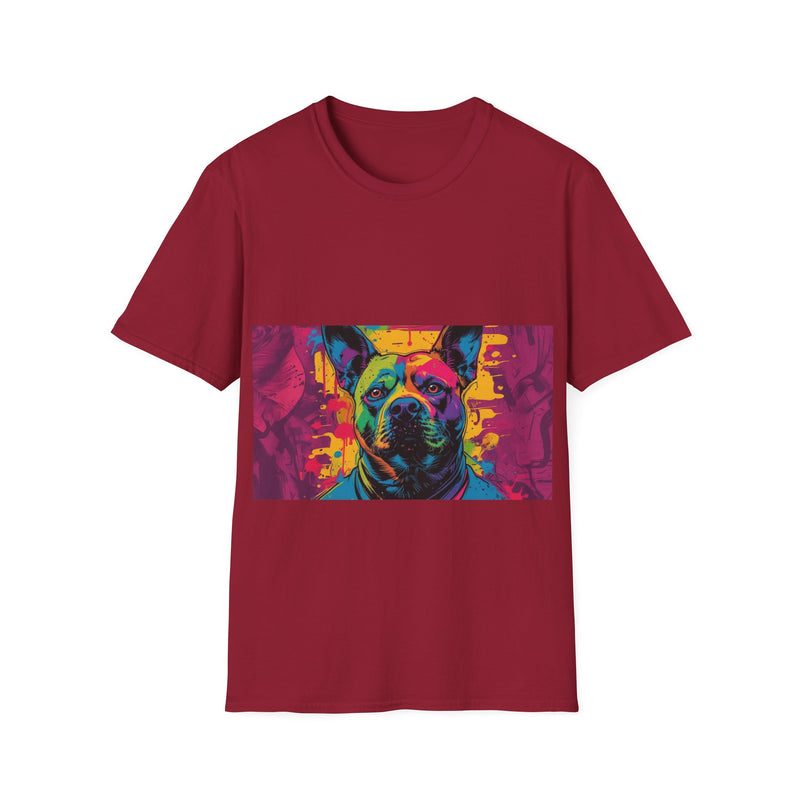 Colorful Dog Art Unisex Softstyle T-Shirt, Pet Lover Gift, Casual Wear, Unique Animal Tee, Vibrant Graphic T-Shirt