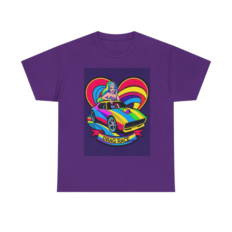 Unisex Heavy Cotton Tee - Retro Drag Race Graphic Tee, Fun Summer Shirt, LGBTQ+ Pride Apparel, Car Enthusiast Gift