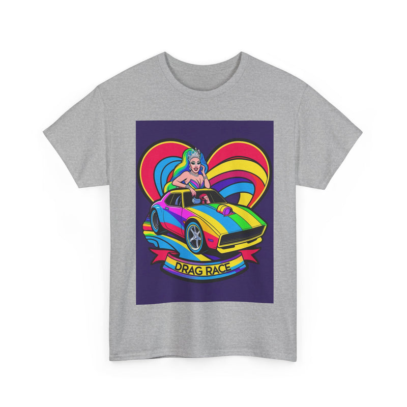 Unisex Heavy Cotton Tee - Retro Drag Race Graphic Tee, Fun Summer Shirt, LGBTQ+ Pride Apparel, Car Enthusiast Gift