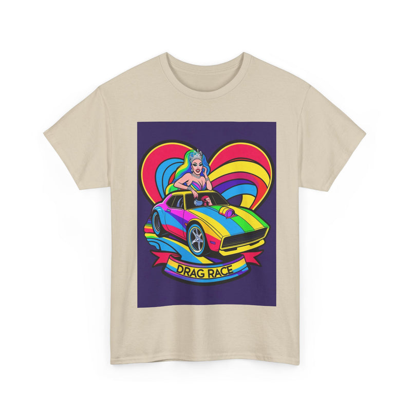 Unisex Heavy Cotton Tee - Retro Drag Race Graphic Tee, Fun Summer Shirt, LGBTQ+ Pride Apparel, Car Enthusiast Gift