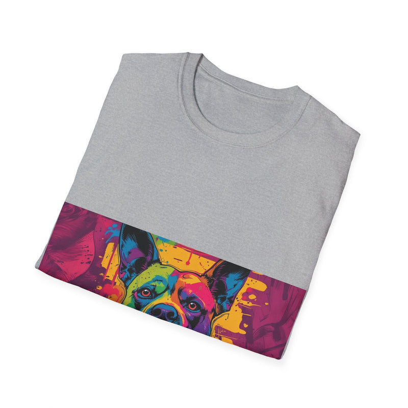Colorful Dog Art Unisex Softstyle T-Shirt, Pet Lover Gift, Casual Wear, Unique Animal Tee, Vibrant Graphic T-Shirt