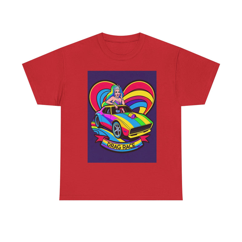 Unisex Heavy Cotton Tee - Retro Drag Race Graphic Tee, Fun Summer Shirt, LGBTQ+ Pride Apparel, Car Enthusiast Gift