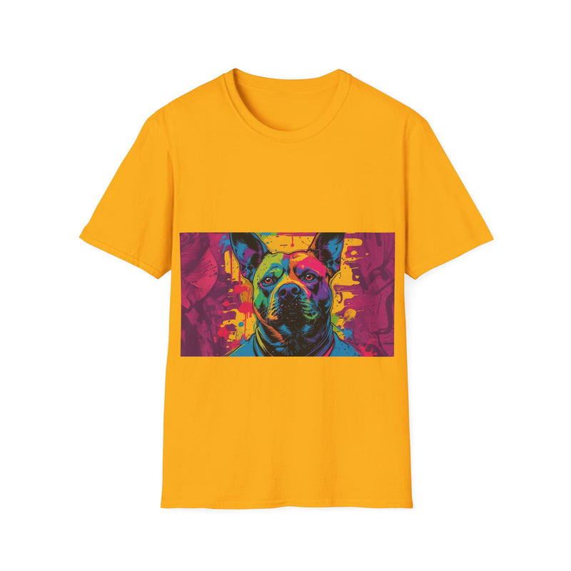 Colorful Dog Art Unisex Softstyle T-Shirt, Pet Lover Gift, Casual Wear, Unique Animal Tee, Vibrant Graphic T-Shirt
