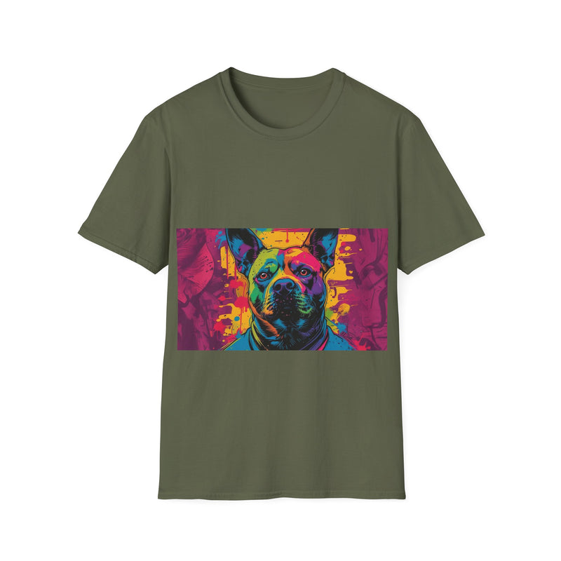 Colorful Dog Art Unisex Softstyle T-Shirt, Pet Lover Gift, Casual Wear, Unique Animal Tee, Vibrant Graphic T-Shirt