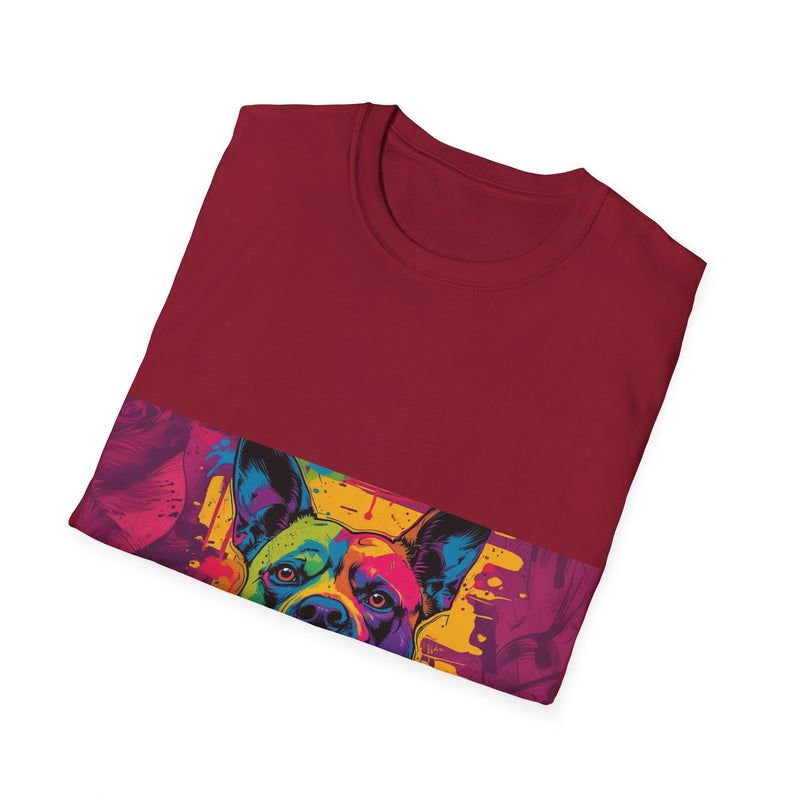 Colorful Dog Art Unisex Softstyle T-Shirt, Pet Lover Gift, Casual Wear, Unique Animal Tee, Vibrant Graphic T-Shirt