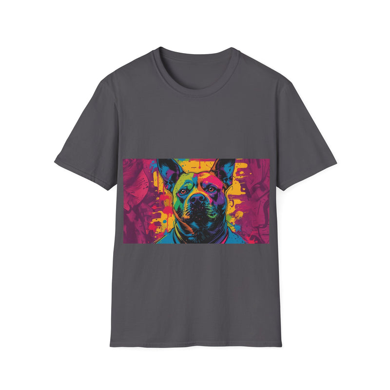 Colorful Dog Art Unisex Softstyle T-Shirt, Pet Lover Gift, Casual Wear, Unique Animal Tee, Vibrant Graphic T-Shirt