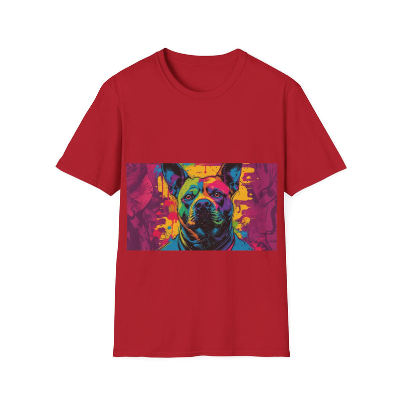 Colorful Dog Art Unisex Softstyle T-Shirt, Pet Lover Gift, Casual Wear, Unique Animal Tee, Vibrant Graphic T-Shirt