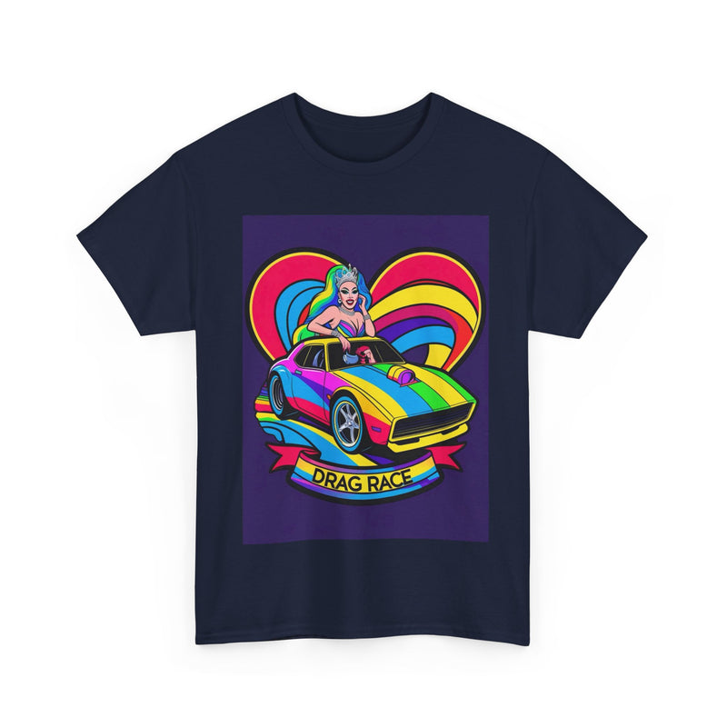 Unisex Heavy Cotton Tee - Retro Drag Race Graphic Tee, Fun Summer Shirt, LGBTQ+ Pride Apparel, Car Enthusiast Gift