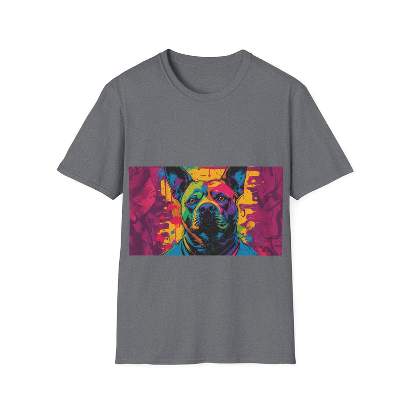 Colorful Dog Art Unisex Softstyle T-Shirt, Pet Lover Gift, Casual Wear, Unique Animal Tee, Vibrant Graphic T-Shirt
