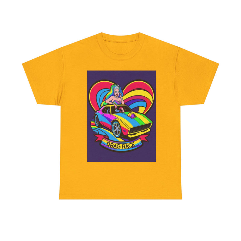 Unisex Heavy Cotton Tee - Retro Drag Race Graphic Tee, Fun Summer Shirt, LGBTQ+ Pride Apparel, Car Enthusiast Gift