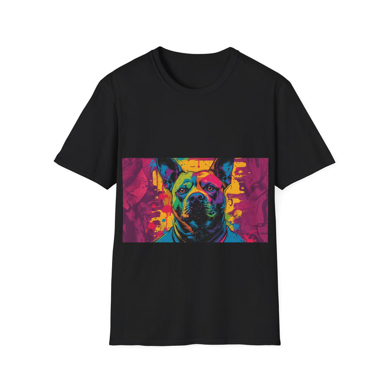 Colorful Dog Art Unisex Softstyle T-Shirt, Pet Lover Gift, Casual Wear, Unique Animal Tee, Vibrant Graphic T-Shirt