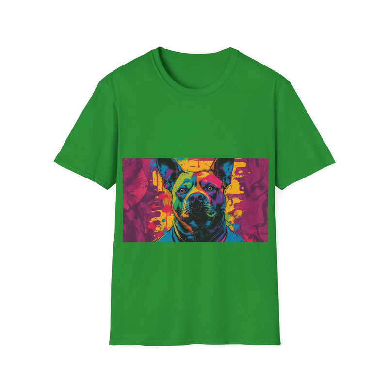 Colorful Dog Art Unisex Softstyle T-Shirt, Pet Lover Gift, Casual Wear, Unique Animal Tee, Vibrant Graphic T-Shirt