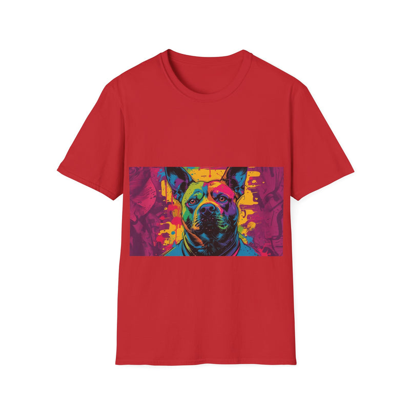 Colorful Dog Art Unisex Softstyle T-Shirt, Pet Lover Gift, Casual Wear, Unique Animal Tee, Vibrant Graphic T-Shirt