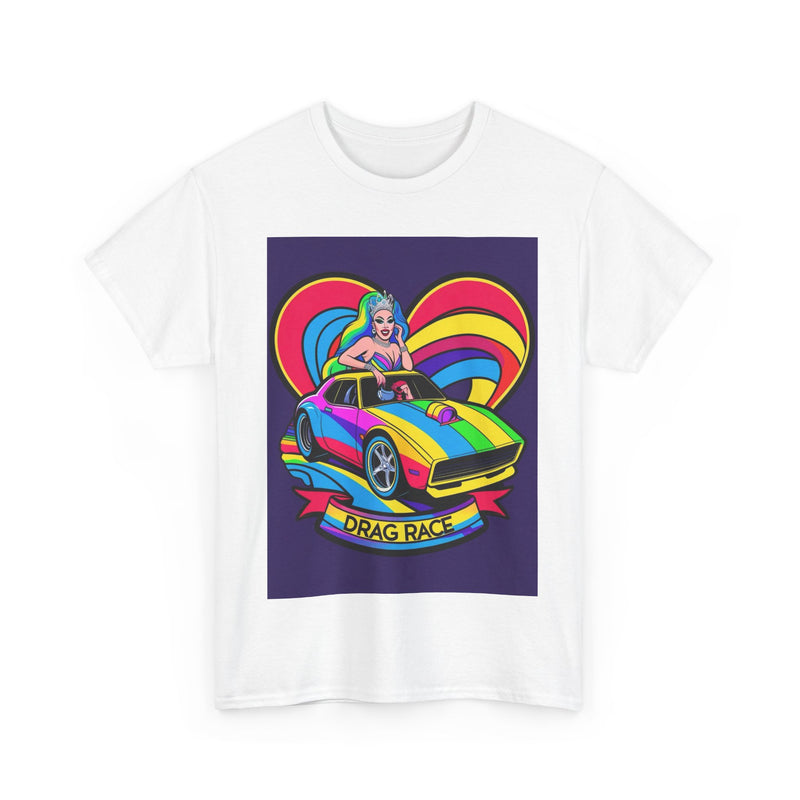 Unisex Heavy Cotton Tee - Retro Drag Race Graphic Tee, Fun Summer Shirt, LGBTQ+ Pride Apparel, Car Enthusiast Gift