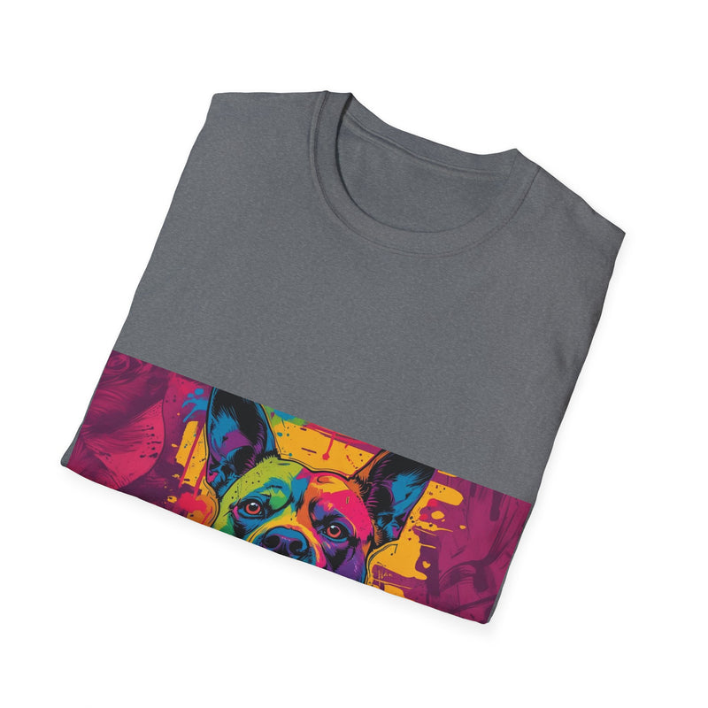 Colorful Dog Art Unisex Softstyle T-Shirt, Pet Lover Gift, Casual Wear, Unique Animal Tee, Vibrant Graphic T-Shirt
