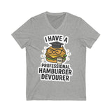 Funny Hamburger Devourer V-Neck Tee, Foodie Gift, Graduation Humor Shirt, Unisex Casual Wear, Burger Lover Apparel