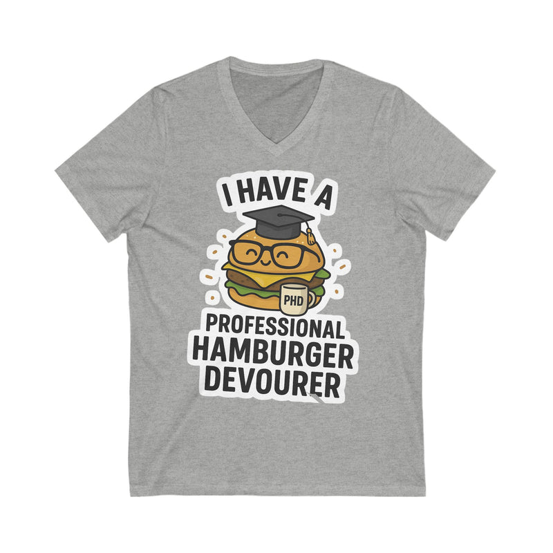 Funny Hamburger Devourer V-Neck Tee, Foodie Gift, Graduation Humor Shirt, Unisex Casual Wear, Burger Lover Apparel