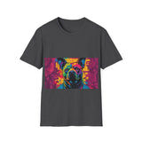 Colorful Dog Art Unisex Softstyle T-Shirt, Pet Lover Gift, Casual Wear, Unique Animal Tee, Vibrant Graphic T-Shirt