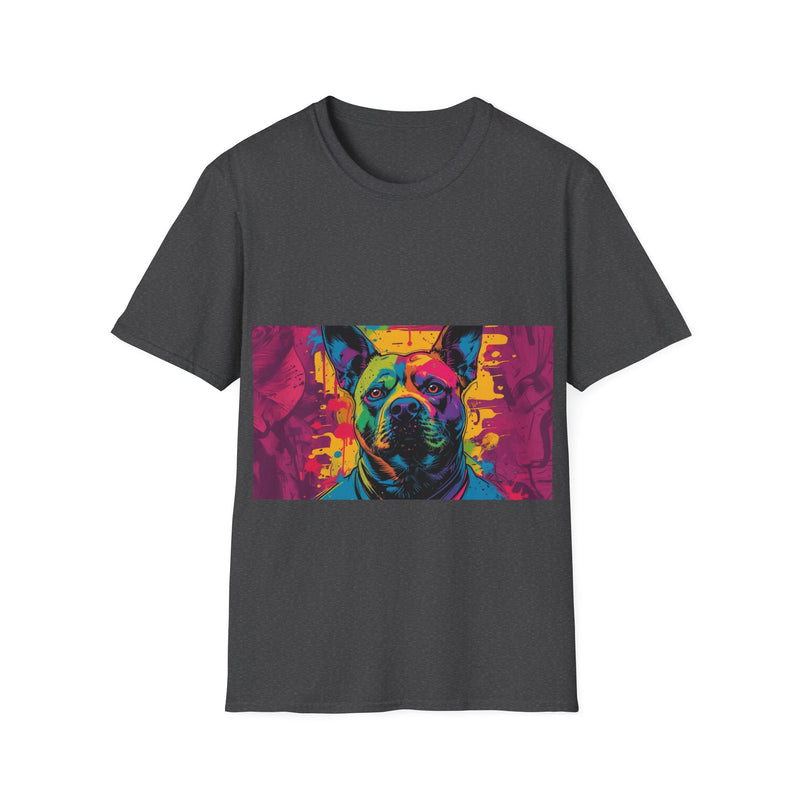 Colorful Dog Art Unisex Softstyle T-Shirt, Pet Lover Gift, Casual Wear, Unique Animal Tee, Vibrant Graphic T-Shirt