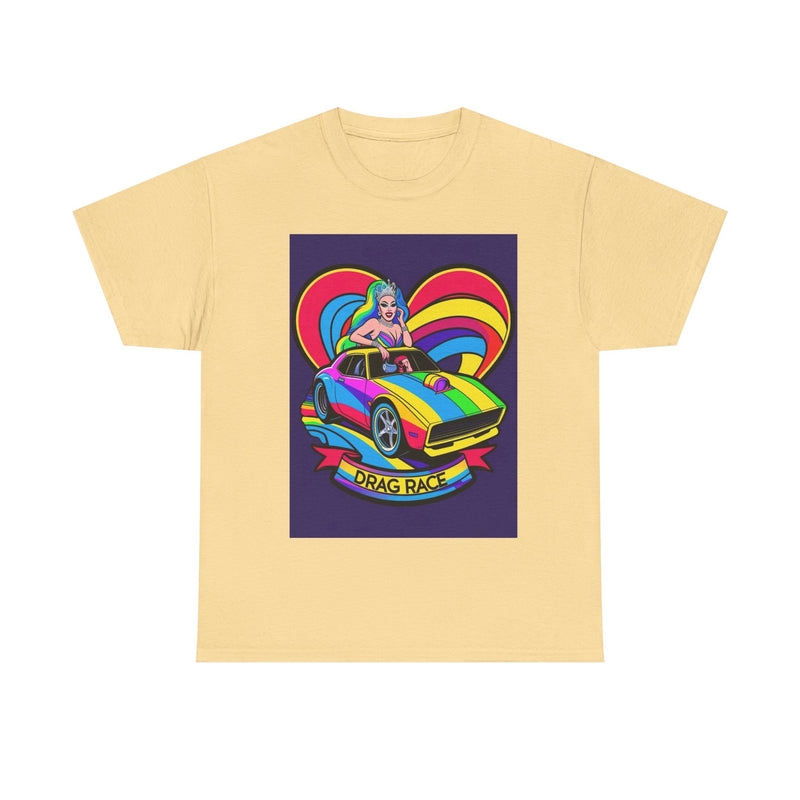 Unisex Heavy Cotton Tee - Retro Drag Race Graphic Tee, Fun Summer Shirt, LGBTQ+ Pride Apparel, Car Enthusiast Gift