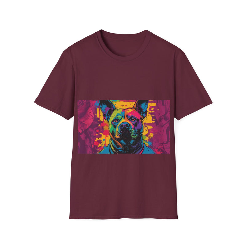 Colorful Dog Art Unisex Softstyle T-Shirt, Pet Lover Gift, Casual Wear, Unique Animal Tee, Vibrant Graphic T-Shirt