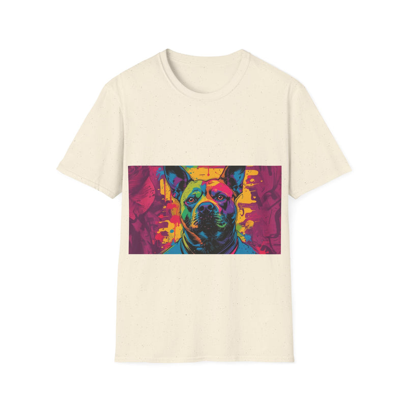 Colorful Dog Art Unisex Softstyle T-Shirt, Pet Lover Gift, Casual Wear, Unique Animal Tee, Vibrant Graphic T-Shirt