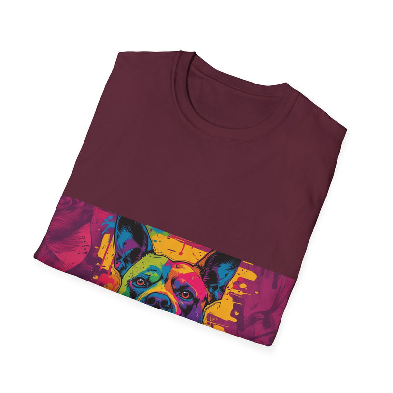 Colorful Dog Art Unisex Softstyle T-Shirt, Pet Lover Gift, Casual Wear, Unique Animal Tee, Vibrant Graphic T-Shirt