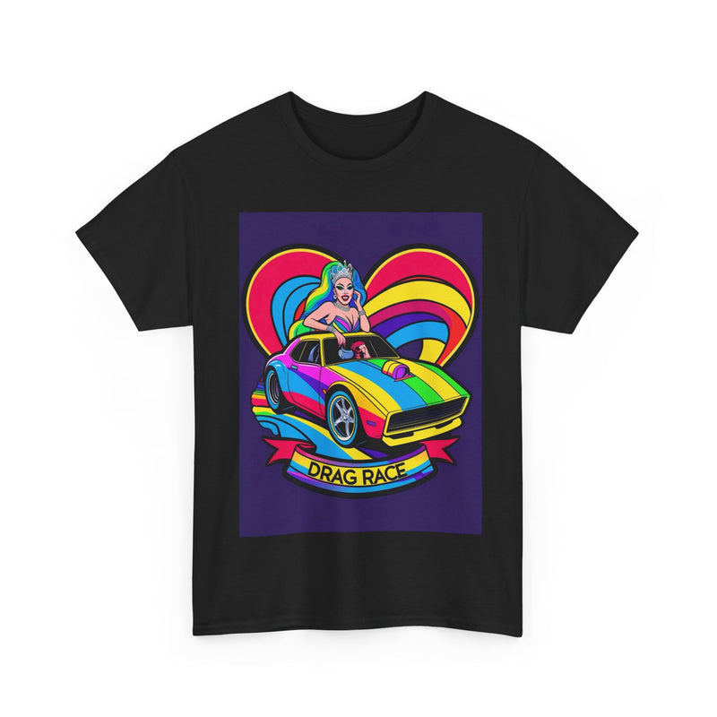 Unisex Heavy Cotton Tee - Retro Drag Race Graphic Tee, Fun Summer Shirt, LGBTQ+ Pride Apparel, Car Enthusiast Gift