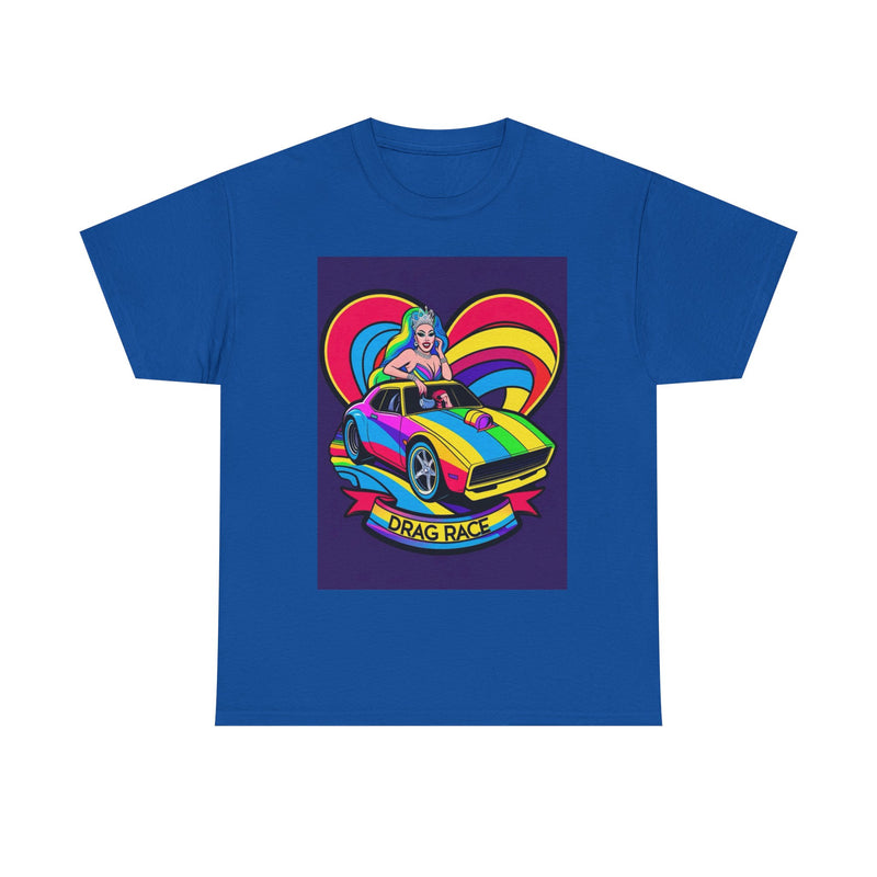 Unisex Heavy Cotton Tee - Retro Drag Race Graphic Tee, Fun Summer Shirt, LGBTQ+ Pride Apparel, Car Enthusiast Gift