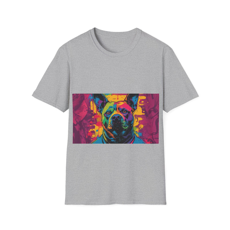 Colorful Dog Art Unisex Softstyle T-Shirt, Pet Lover Gift, Casual Wear, Unique Animal Tee, Vibrant Graphic T-Shirt