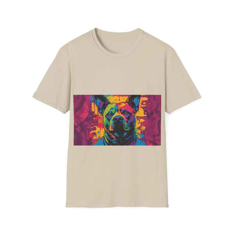 Colorful Dog Art Unisex Softstyle T-Shirt, Pet Lover Gift, Casual Wear, Unique Animal Tee, Vibrant Graphic T-Shirt