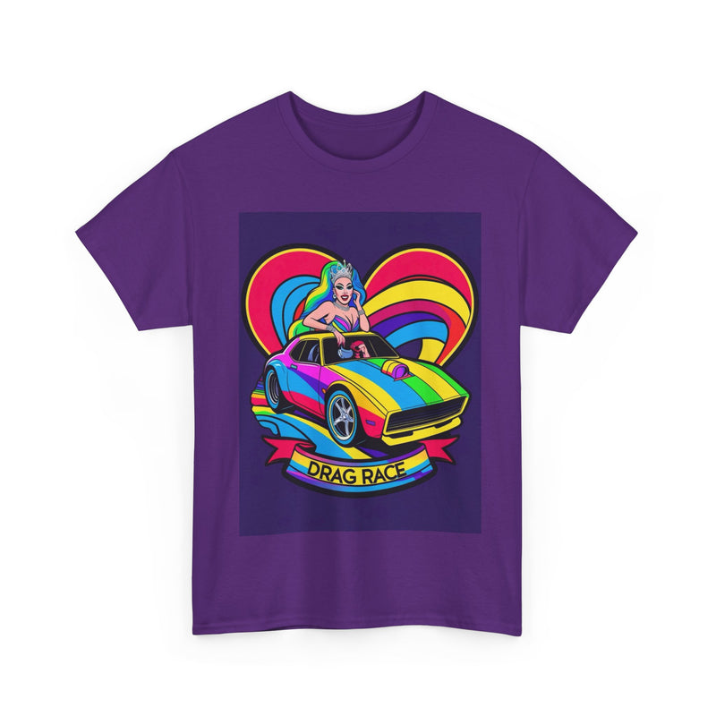 Unisex Heavy Cotton Tee - Retro Drag Race Graphic Tee, Fun Summer Shirt, LGBTQ+ Pride Apparel, Car Enthusiast Gift