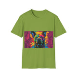 Colorful Dog Art Unisex Softstyle T-Shirt, Pet Lover Gift, Casual Wear, Unique Animal Tee, Vibrant Graphic T-Shirt