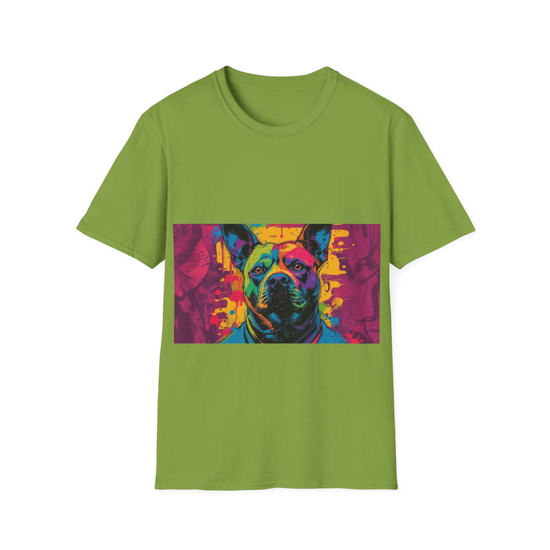 Colorful Dog Art Unisex Softstyle T-Shirt, Pet Lover Gift, Casual Wear, Unique Animal Tee, Vibrant Graphic T-Shirt