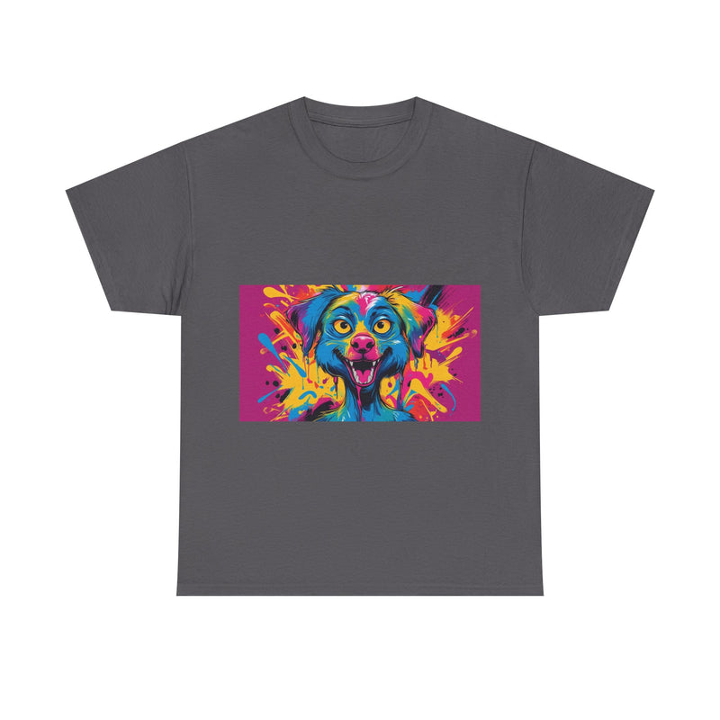 Unisex Heavy Cotton Tee with Colorful Dog Design, Pet Lover Gift, Fun Graphic Tee, Animal Art Shirt, Vibrant Casual Wear